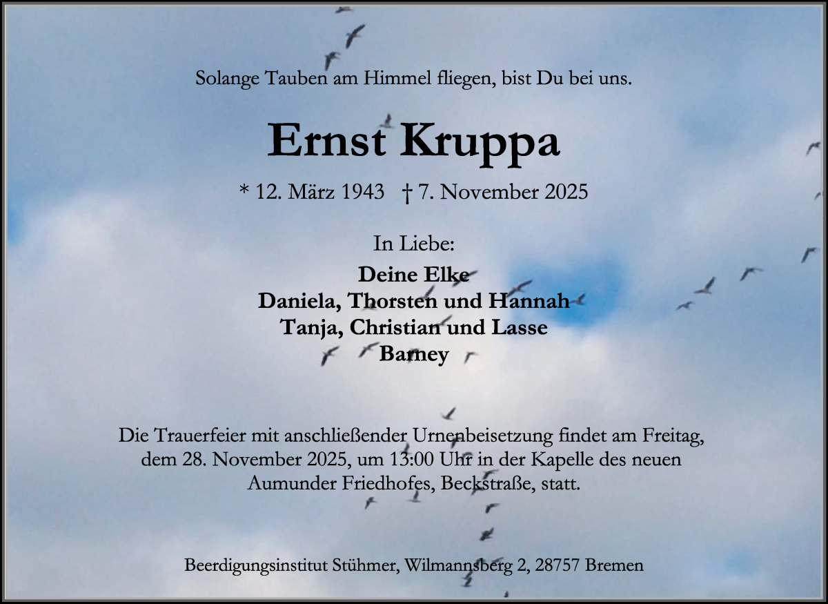 Traueranzeige von Ernst Kruppa von Die Norddeutsche