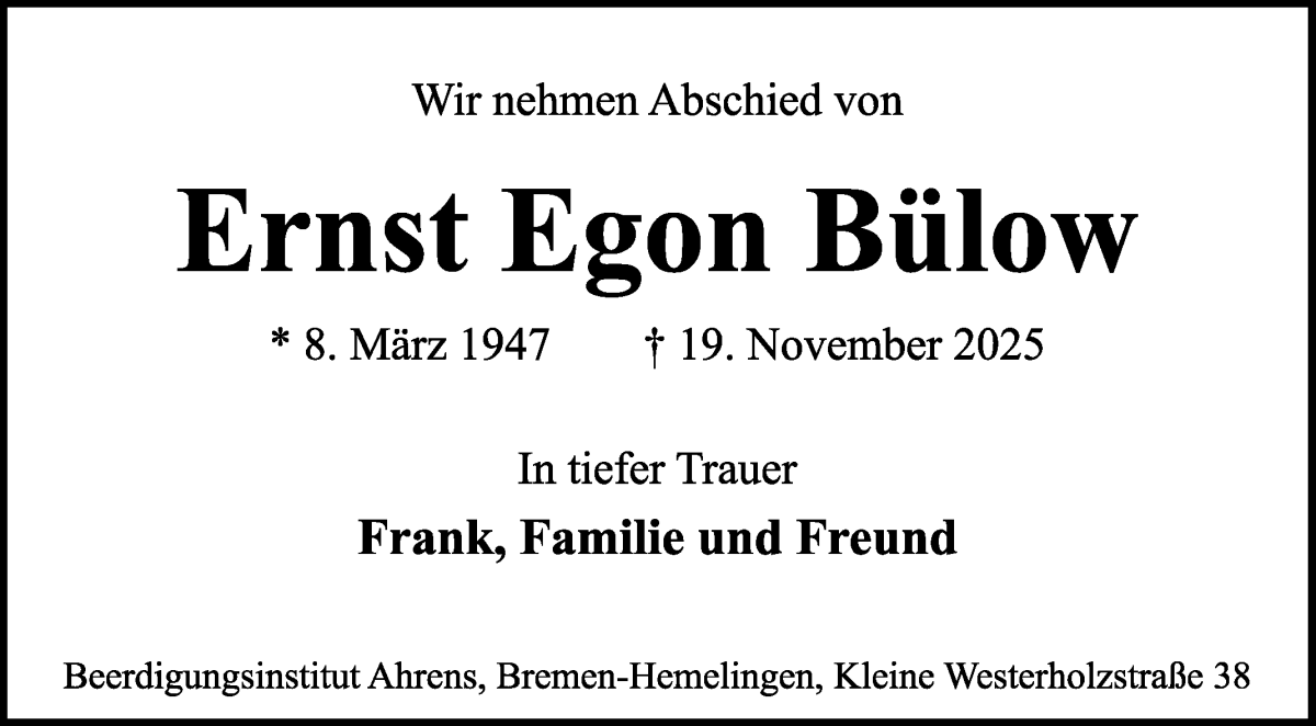 Traueranzeige von Ernst Egon Bülow von WESER-KURIER