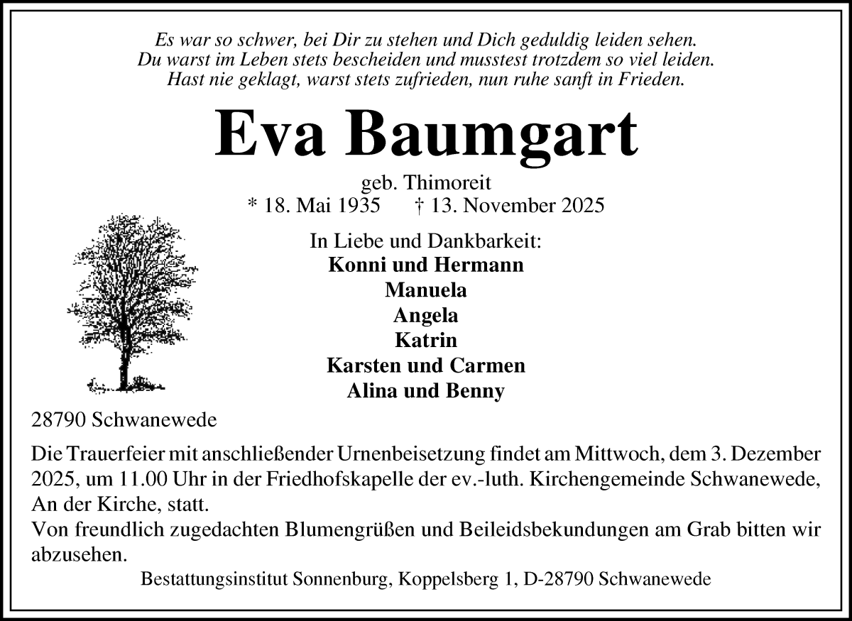 Traueranzeige von Eva Baumgart von Die Norddeutsche