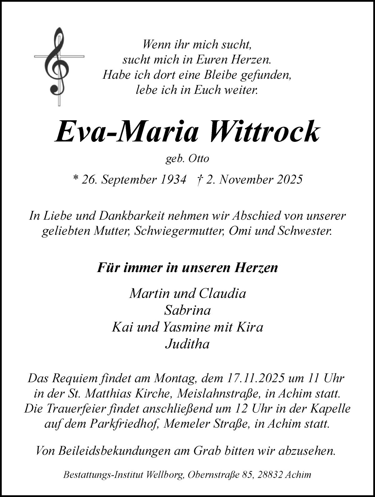  Traueranzeige für Eva-Marie Wittrock vom 08.11.2025 aus WESER-KURIER