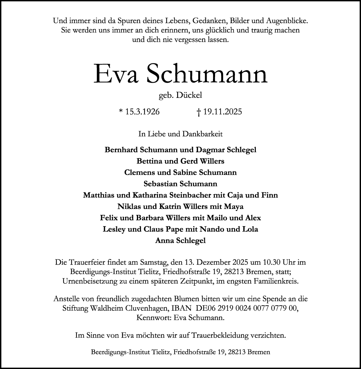 Traueranzeige von Eva Schumann von WESER-KURIER