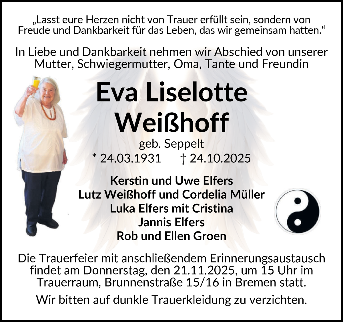 Traueranzeige von Eva Lieselotte Weißhoff von WESER-KURIER