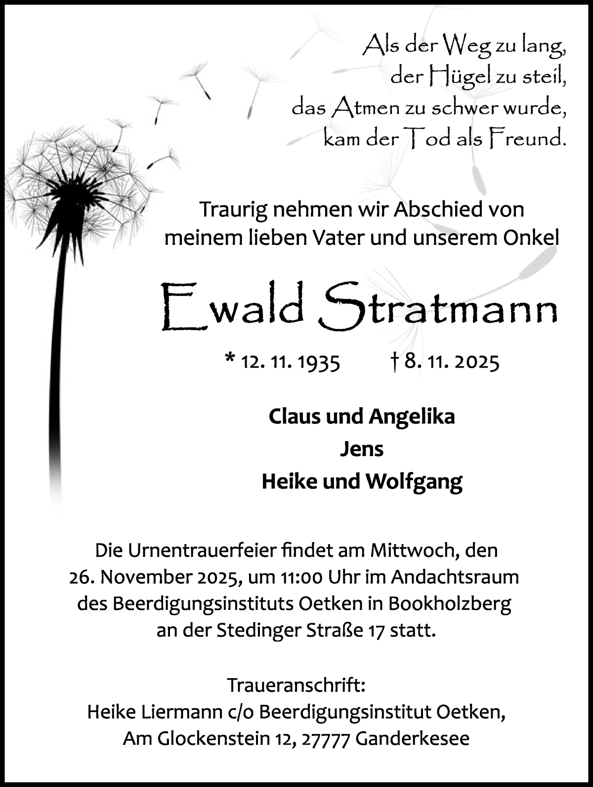 Traueranzeige von Ewald Stratmann von WESER-KURIER