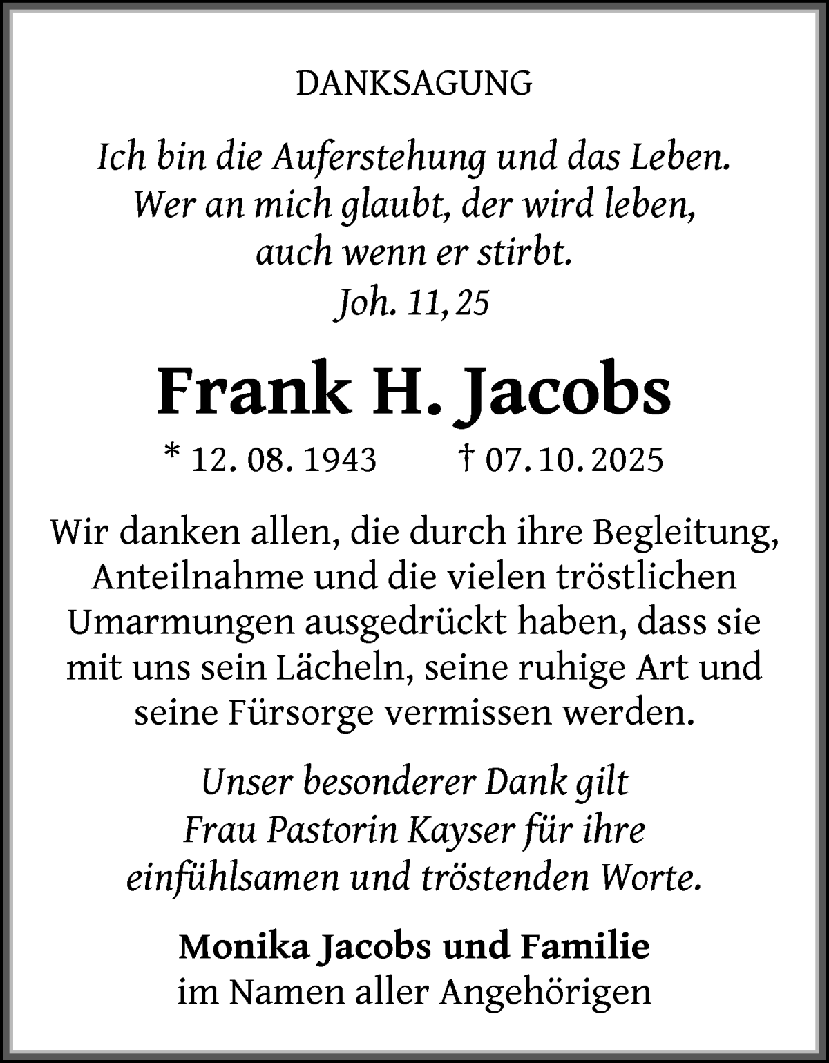 Traueranzeige von Frank H. Jacobs von WESER-KURIER