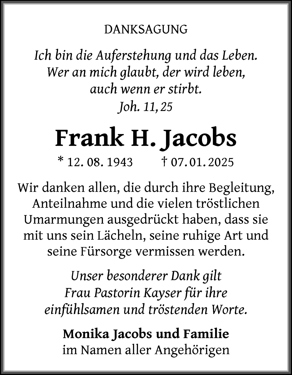 Traueranzeige von Frank H. Jacobs von WESER-KURIER