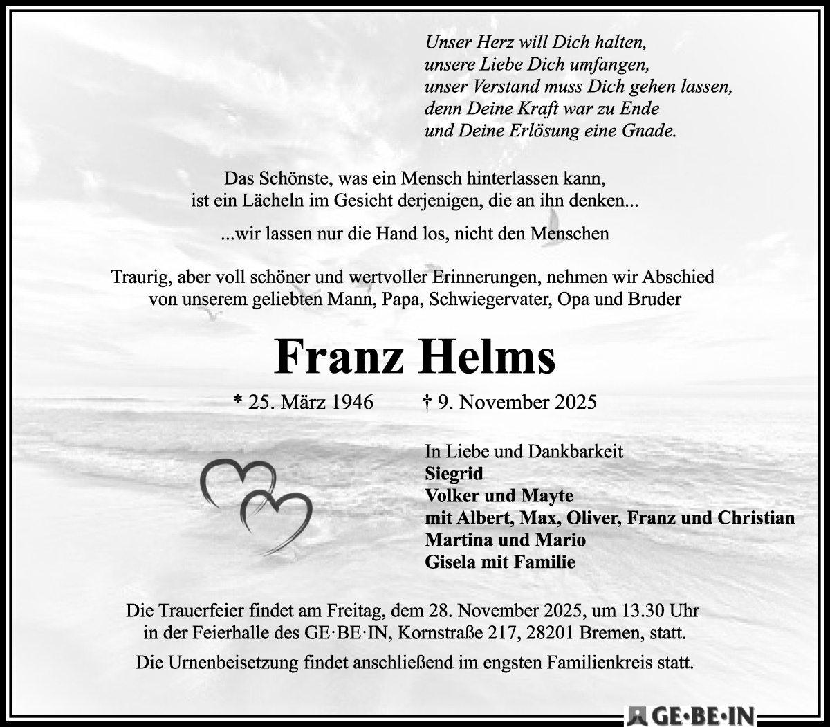  Traueranzeige für Franz Helms vom 15.11.2025 aus WESER-KURIER