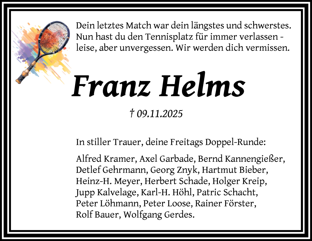  Traueranzeige für Franz Helms vom 15.11.2025 aus WESER-KURIER