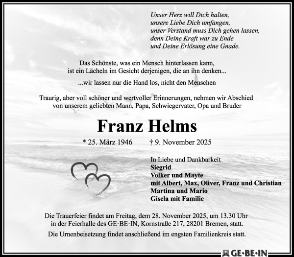 Traueranzeige von Franz Helms von WESER-KURIER