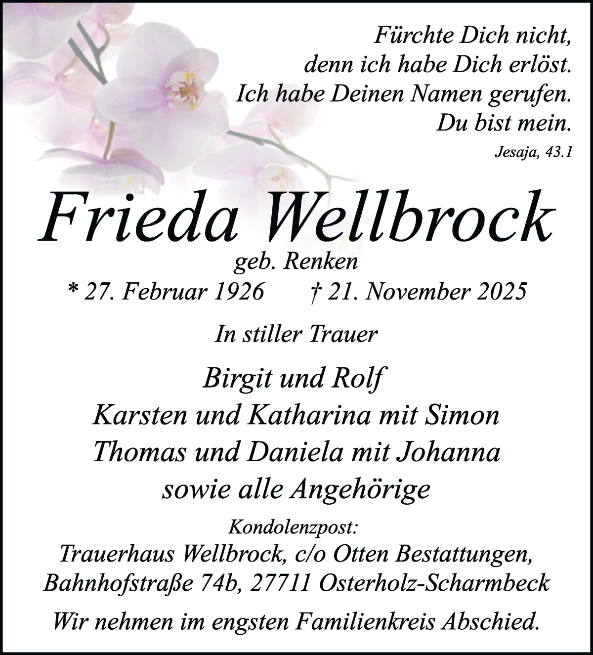 Traueranzeige von Frieda Wellbrock von Osterholzer Kreisblatt