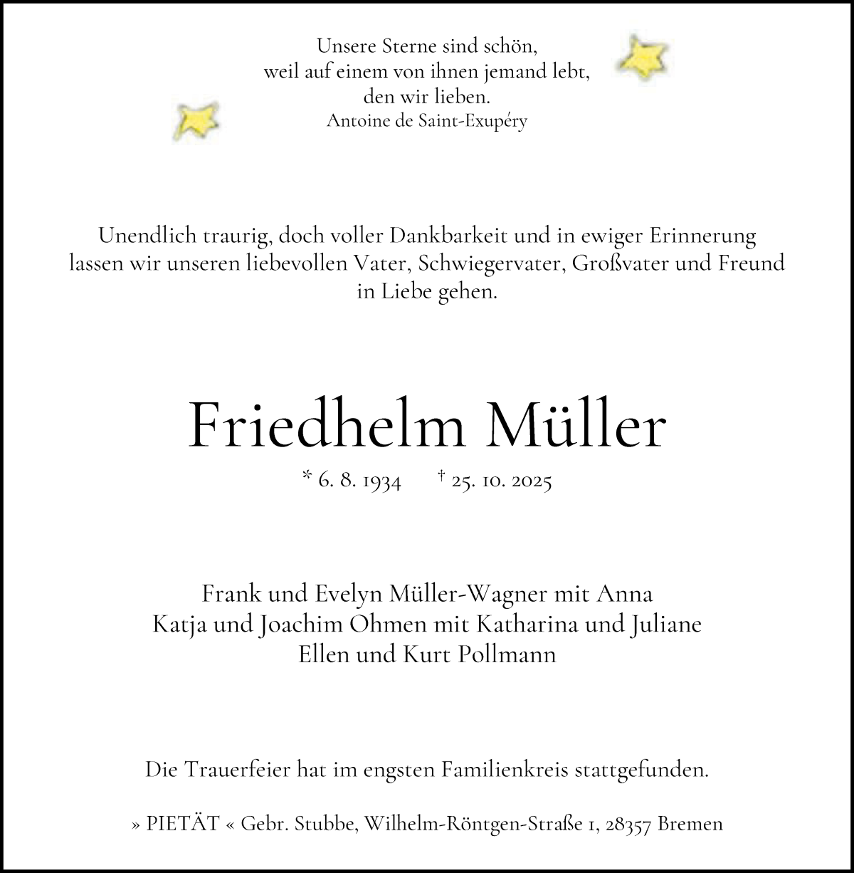 Traueranzeige von Friedhelm Müller von WESER-KURIER