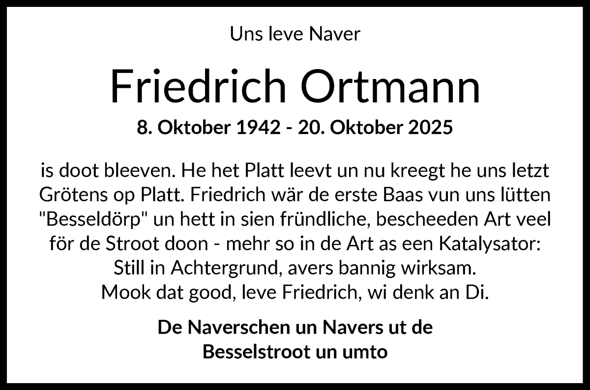 Traueranzeige von Friedrich Ortmann von WESER-KURIER