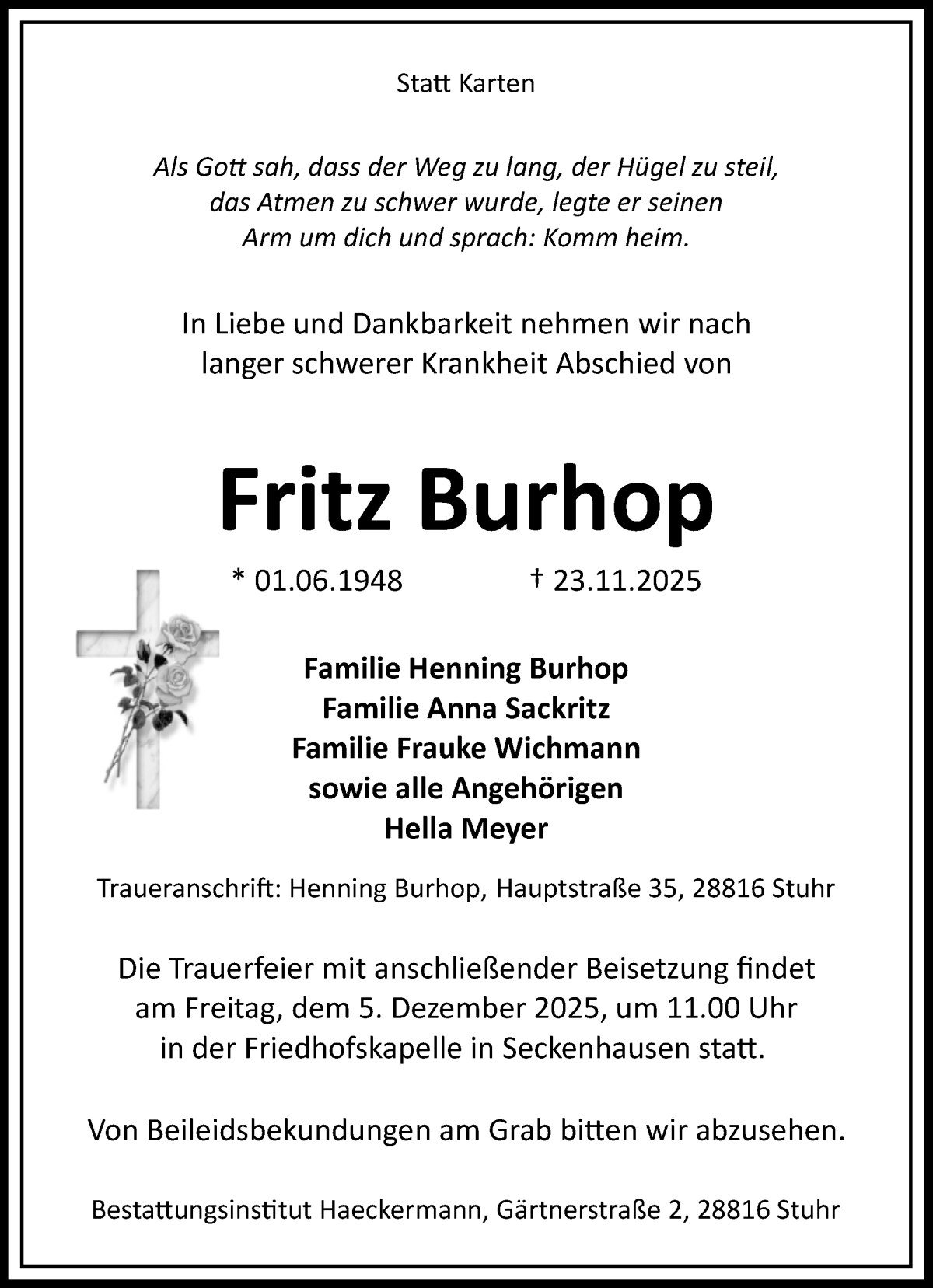 Traueranzeige von Fritz Burhop von Regionale Rundschau/Syker Kurier