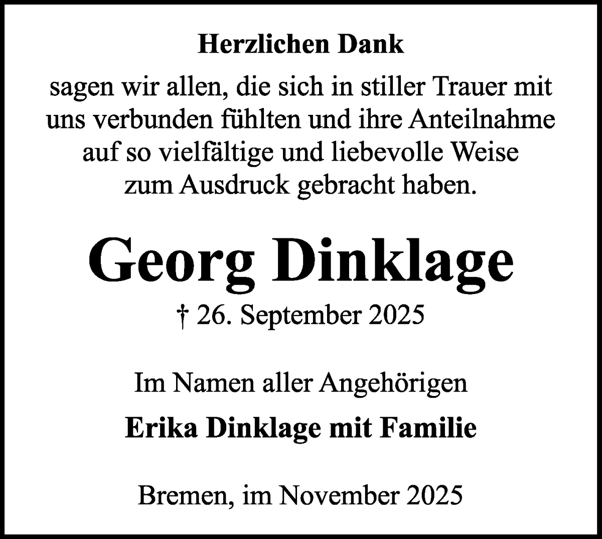 Traueranzeige von Georg Dinklage von WESER-KURIER