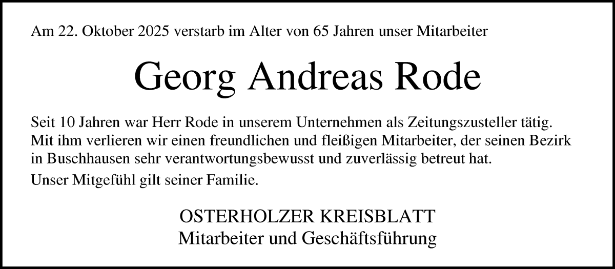 Traueranzeige von Georg Andreas Rode von Osterholzer Kreisblatt