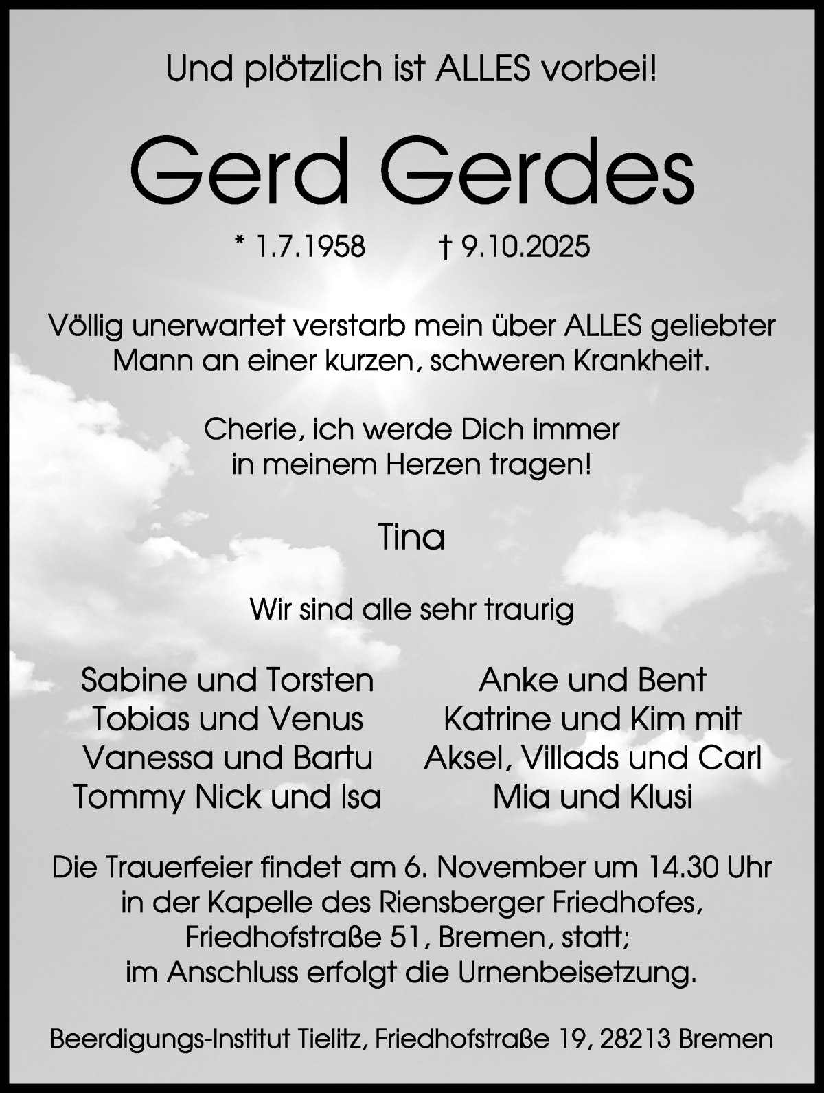 Traueranzeige von Gerd Gerdes von WESER-KURIER