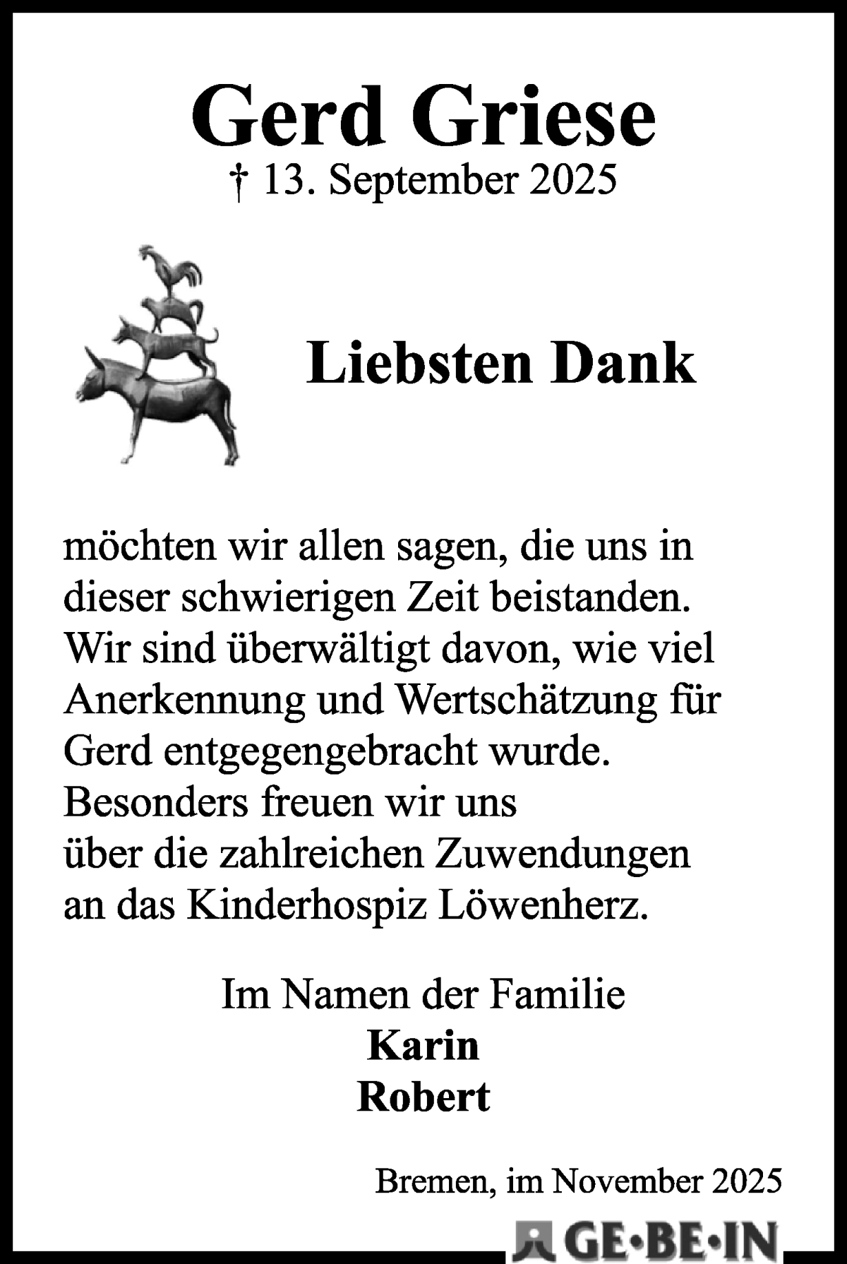 Traueranzeige von Gerd Griesi von WESER-KURIER