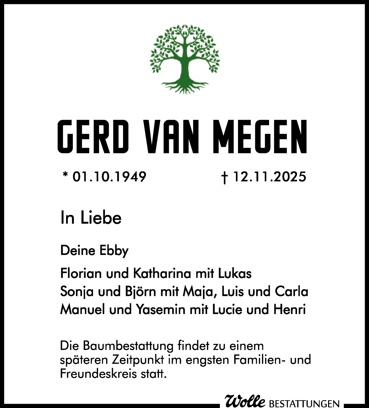 Traueranzeige von Gerd van Megen von Regionale Rundschau/Syker Kurier