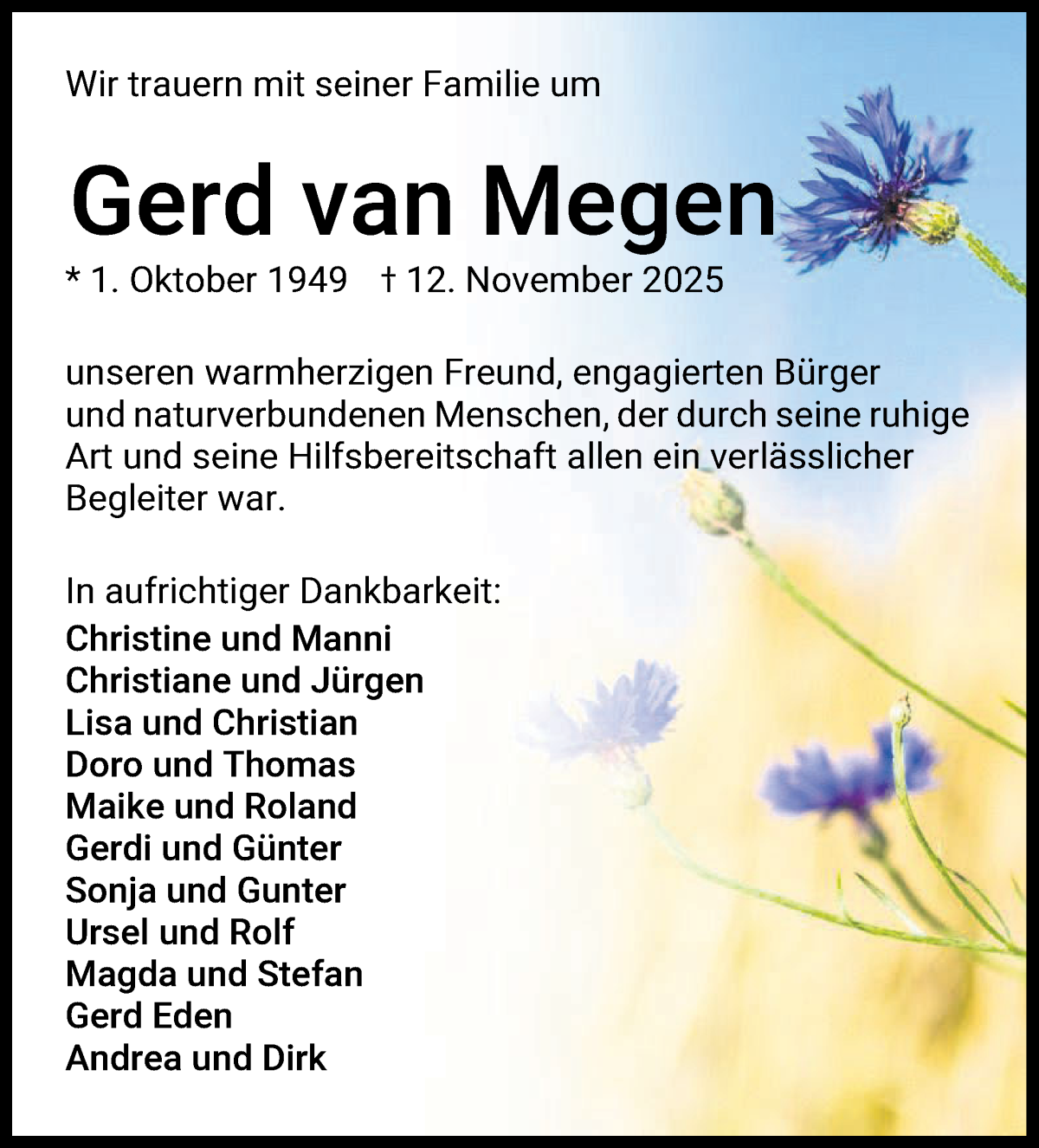 Traueranzeige von Gerd van Megen von Regionale Rundschau/Syker Kurier