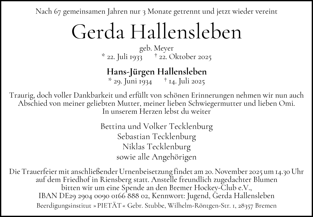 Traueranzeige von Gerda Hallensleben von WESER-KURIER