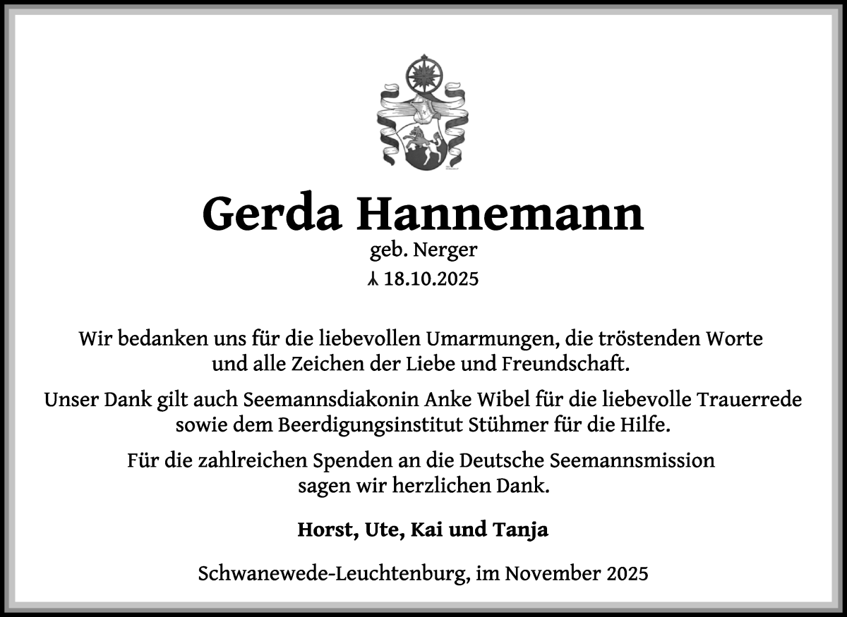 Traueranzeige von Gerda Hannemann von Die Norddeutsche
