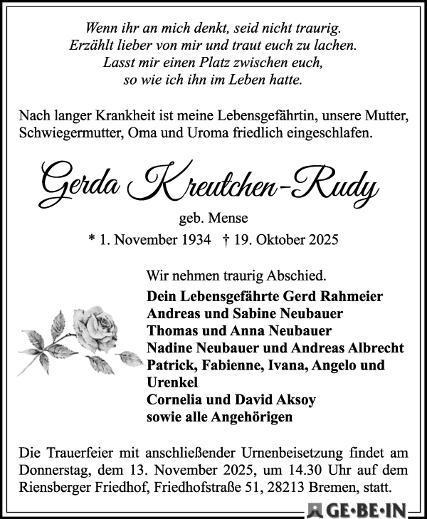 Traueranzeige von Gerda Kreutchen-Rudy von WESER-KURIER