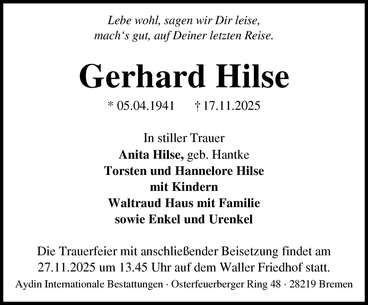 Traueranzeige von Gerhard Hilse von WESER-KURIER