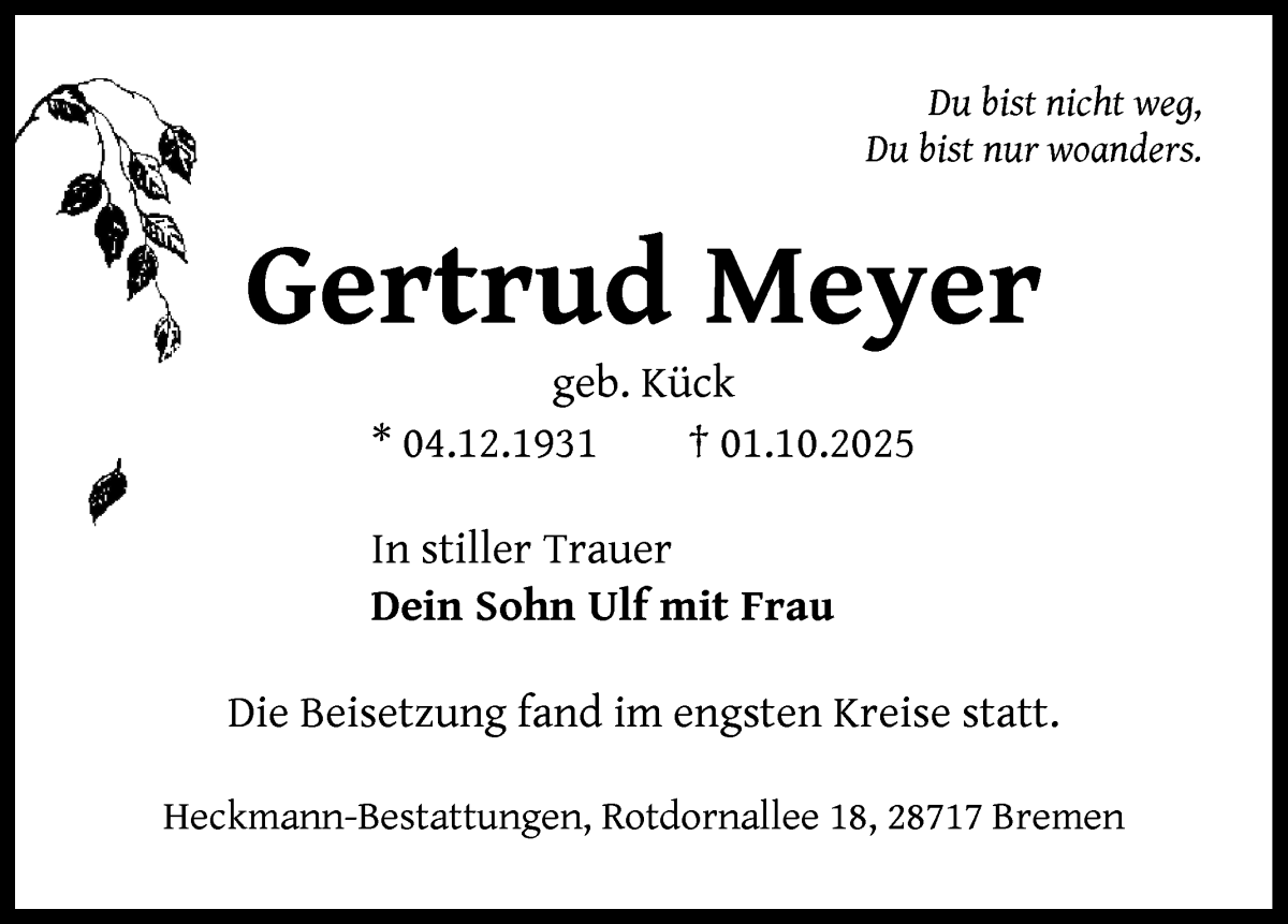  Traueranzeige für Gertrud Meyer vom 15.11.2025 aus Die Norddeutsche