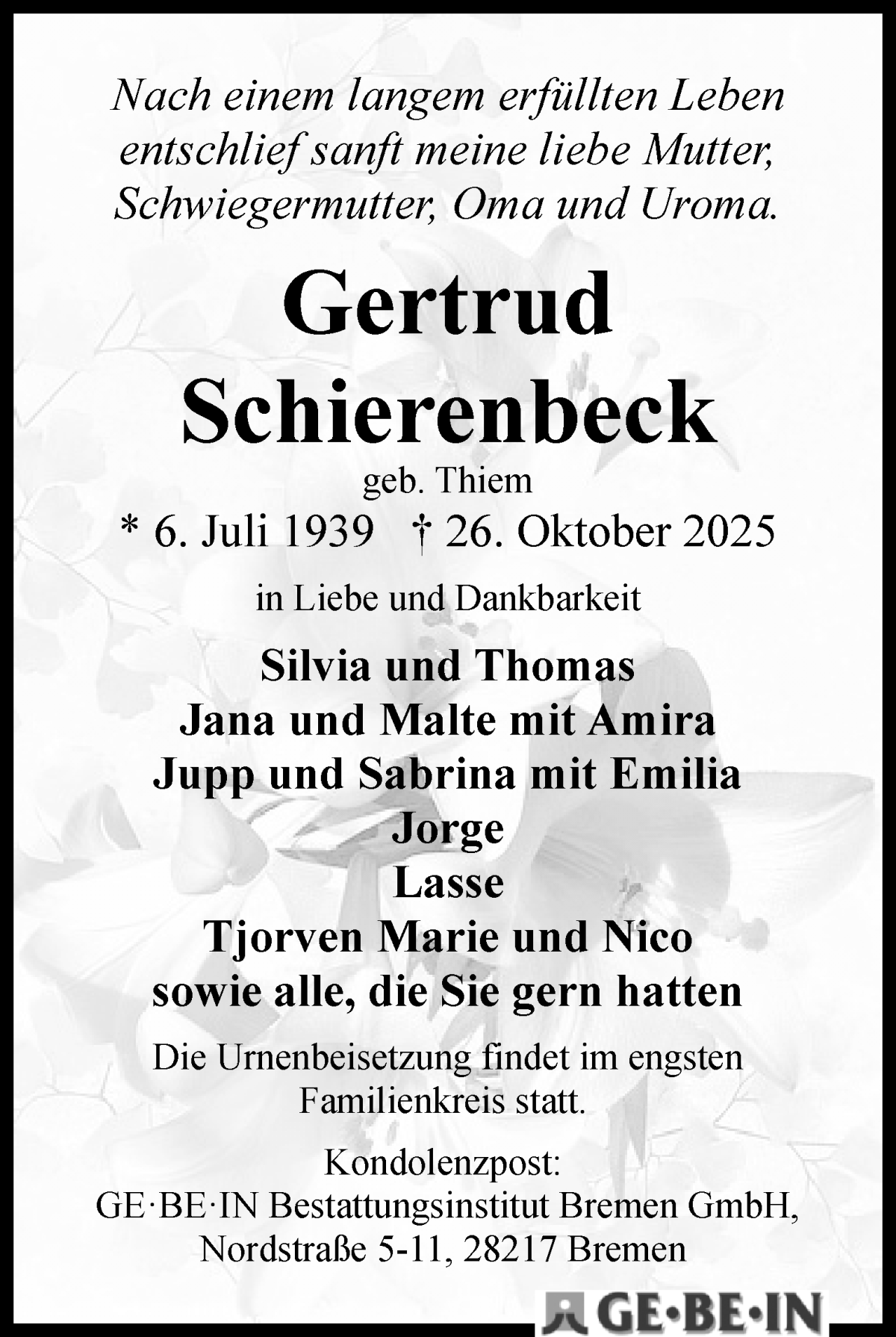 Traueranzeige von Gertrud Schierenbeck von WESER-KURIER