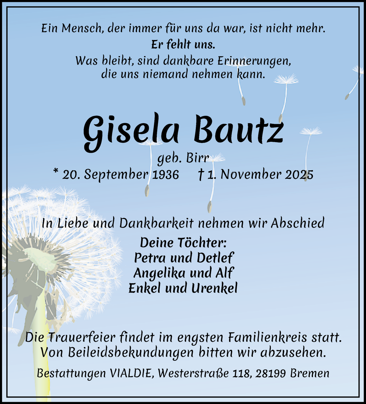 Traueranzeige von Gisela Bautz von WESER-KURIER
