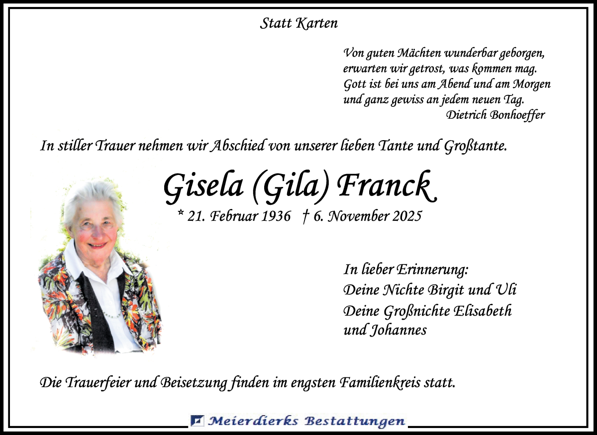 Traueranzeige von Gisela Franck von Wuemme Zeitung
