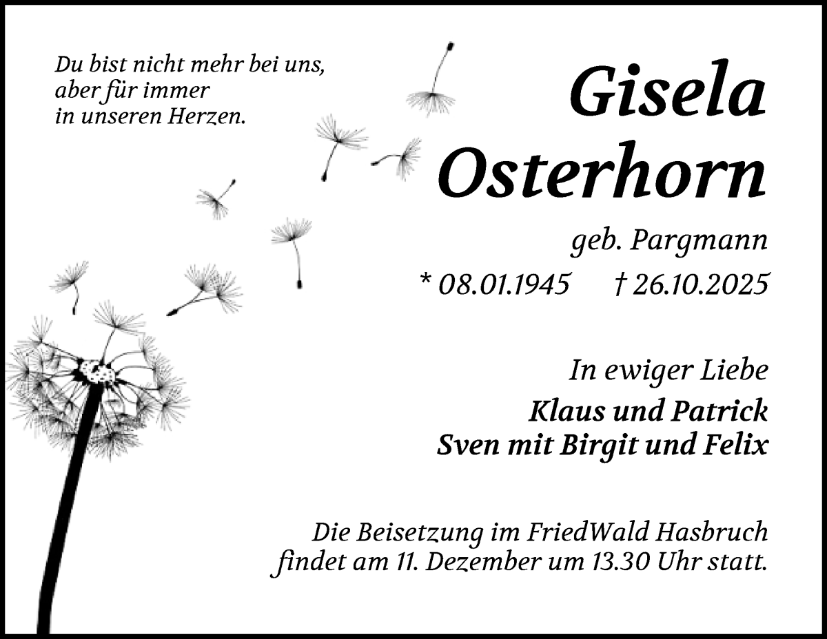 Traueranzeige von Gisela Osterhorn von WESER-KURIER