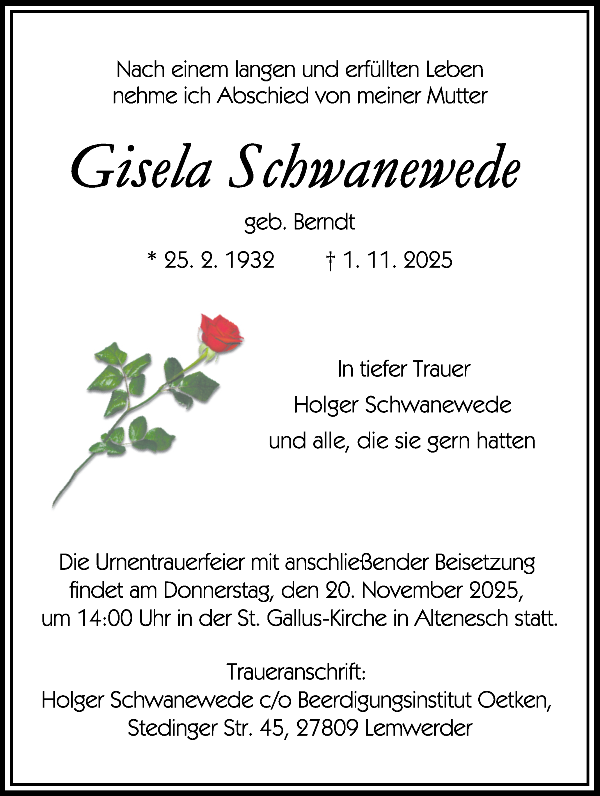 Traueranzeige von Gisela Schwanewede von Die Norddeutsche