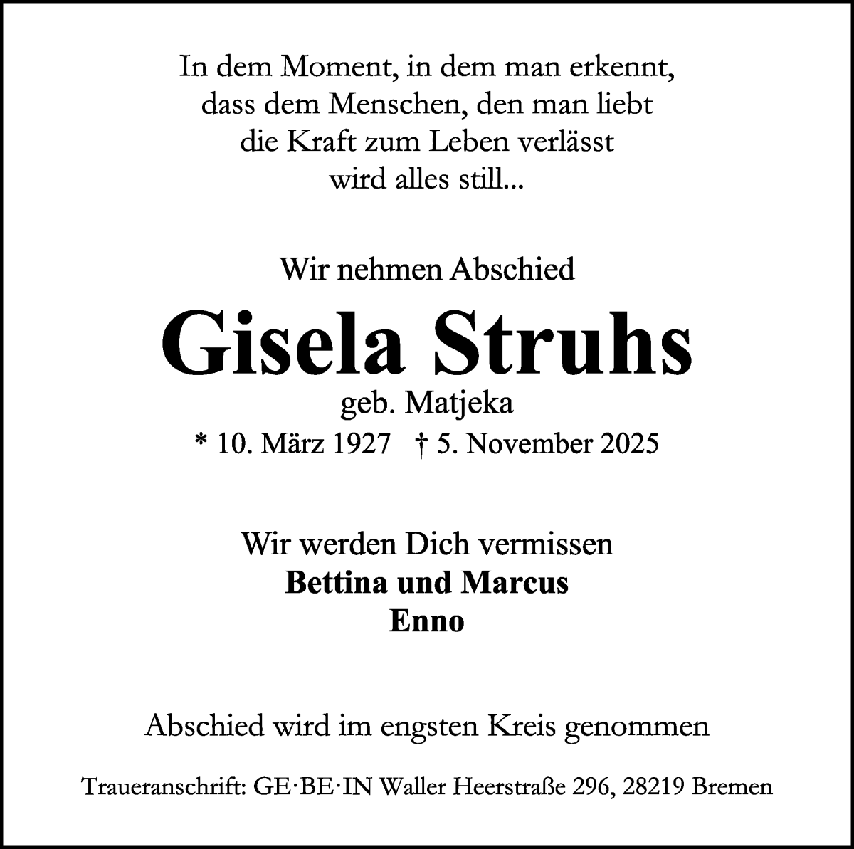  Traueranzeige für Gisela Struhs vom 22.11.2025 aus WESER-KURIER