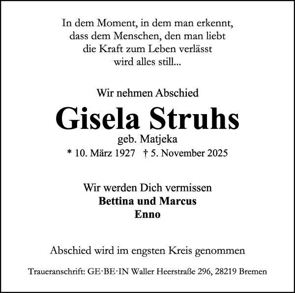 Traueranzeige von Gisela Struhs von WESER-KURIER