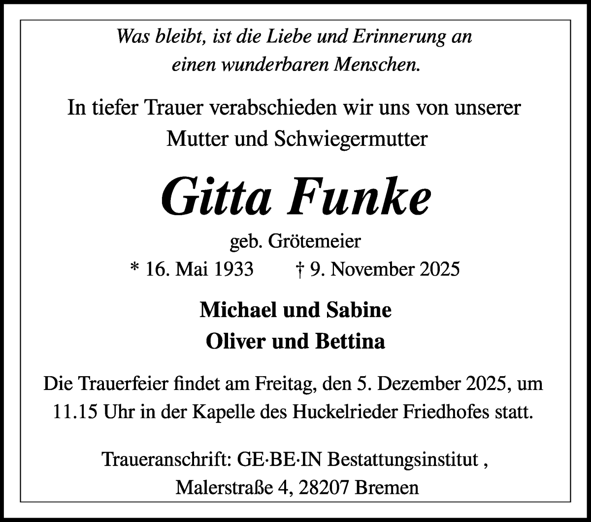 Traueranzeige von Gitta Funke von WESER-KURIER