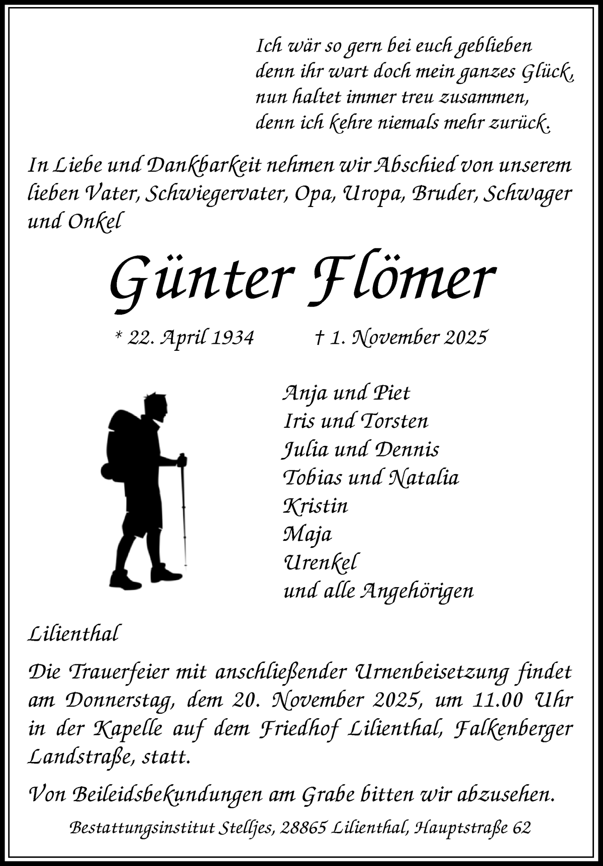 Traueranzeige von Günter Flömer von Wuemme Zeitung