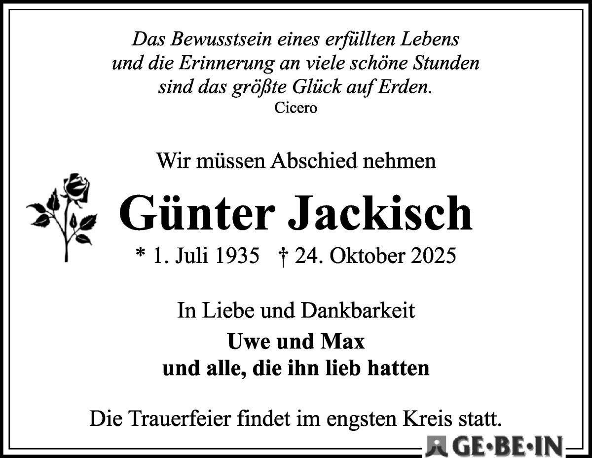 Traueranzeige von Günter Jackisch von WESER-KURIER
