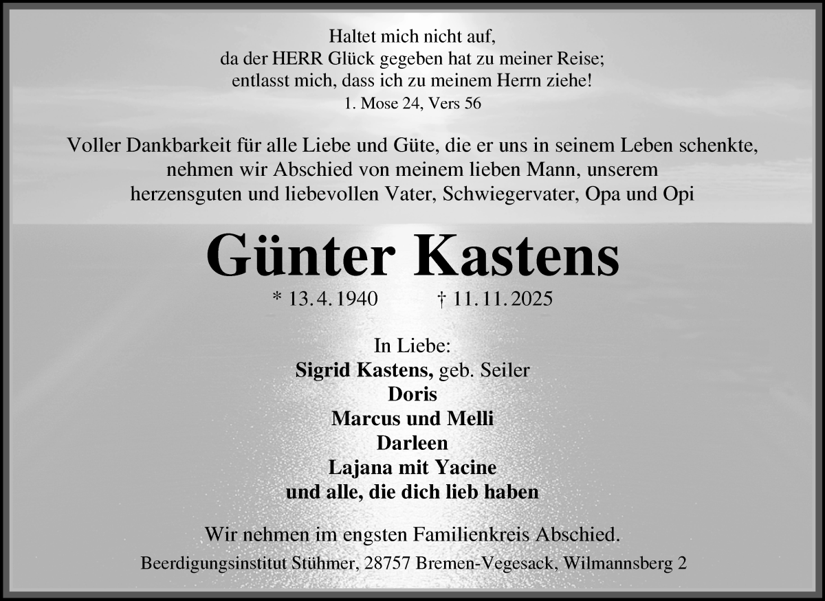 Traueranzeige von Günter Kastens von WESER-KURIER