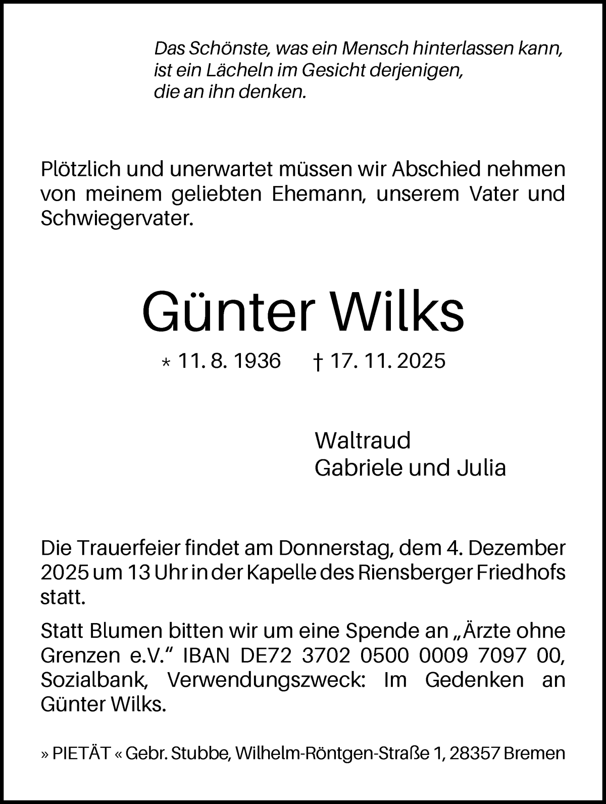 Traueranzeige von Günter Wilks von WESER-KURIER