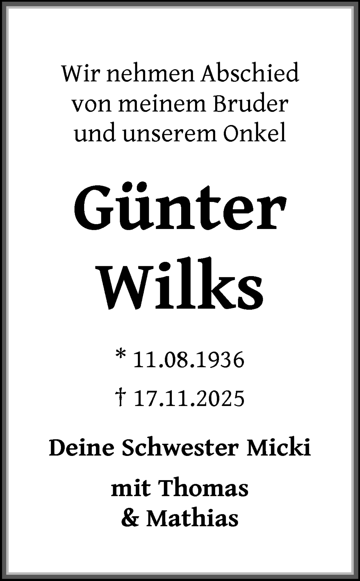 Traueranzeige von Günter Wilks von WESER-KURIER