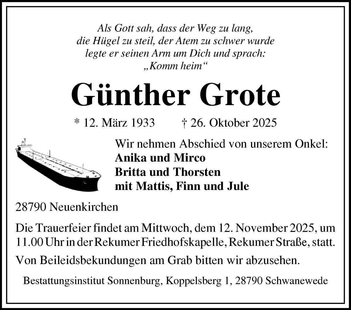 Traueranzeige von Günther Grote von Die Norddeutsche