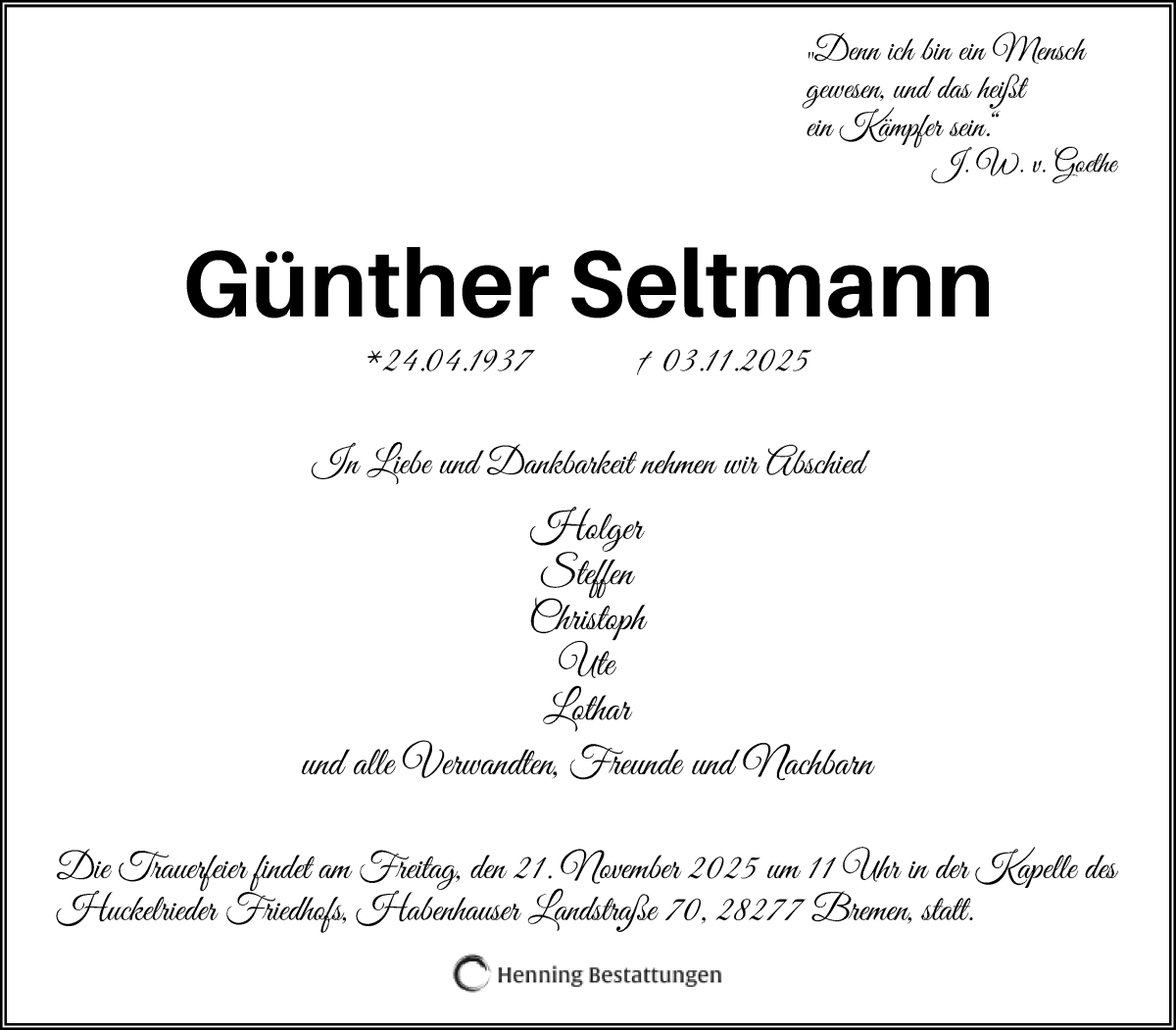 Traueranzeige von Günther Seltmann von WESER-KURIER
