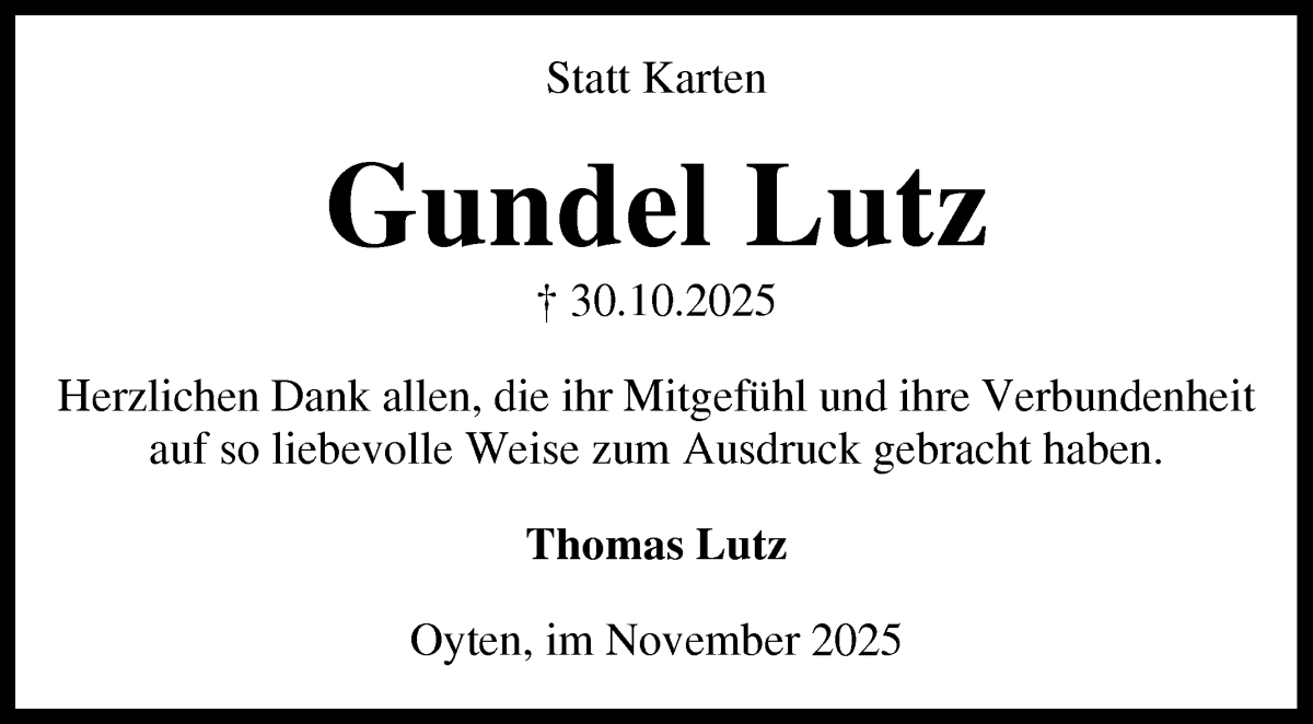 Traueranzeige von Gundel Lutz von WESER-KURIER