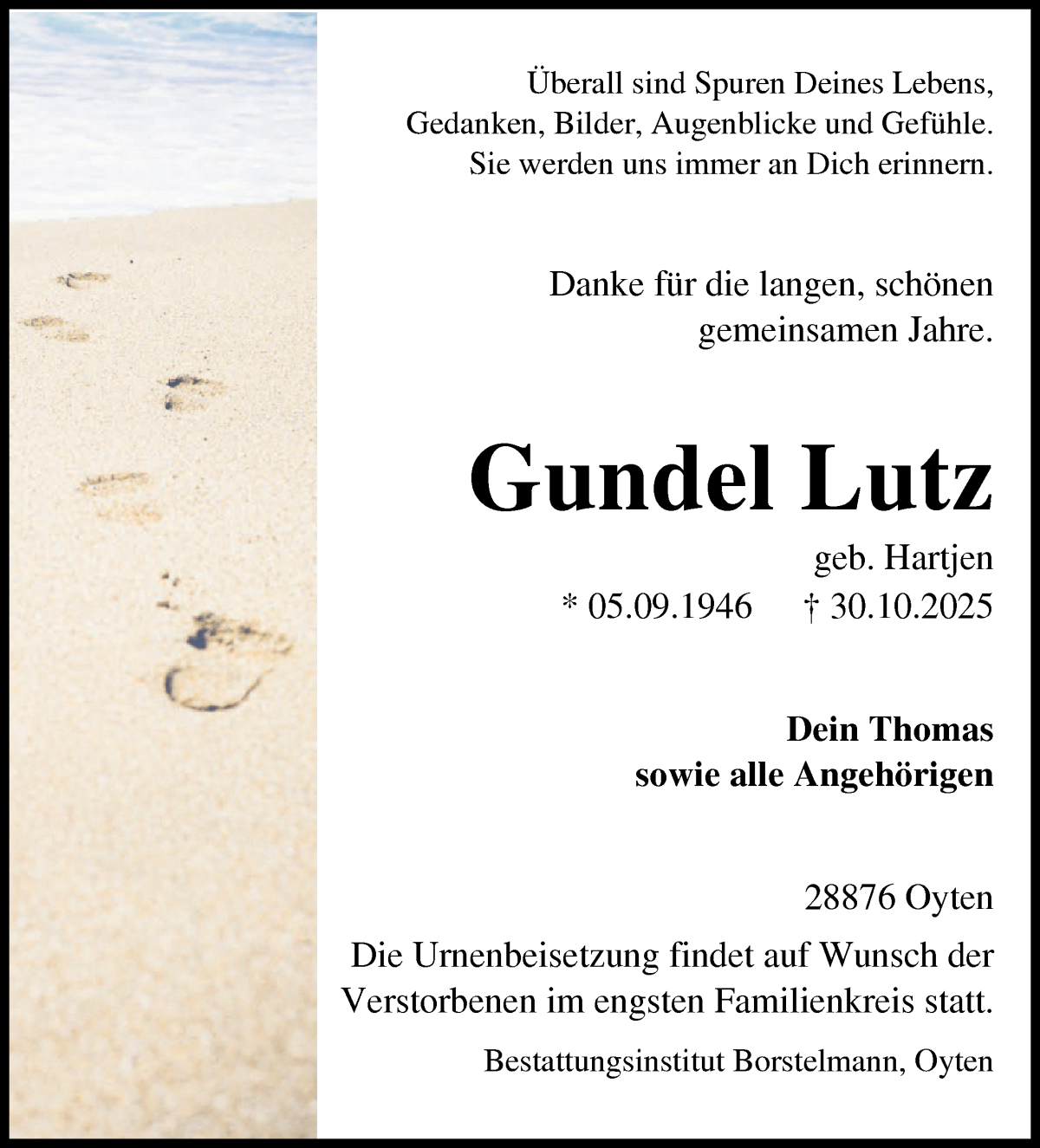 Traueranzeige von Gundel Lutz von WESER-KURIER