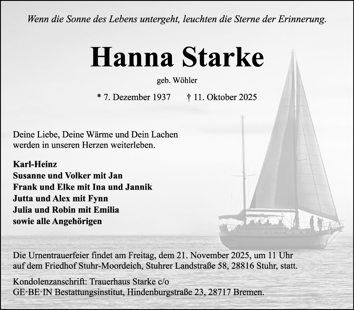 Traueranzeige von Hanna Starke von WESER-KURIER