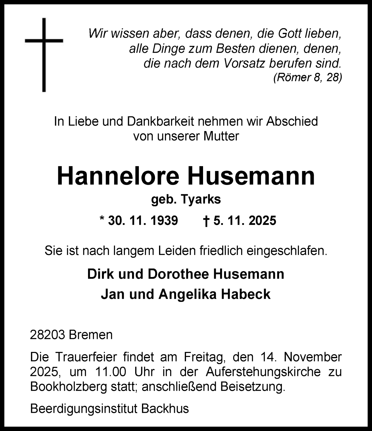 Traueranzeige von Hannelore Husemann von WESER-KURIER