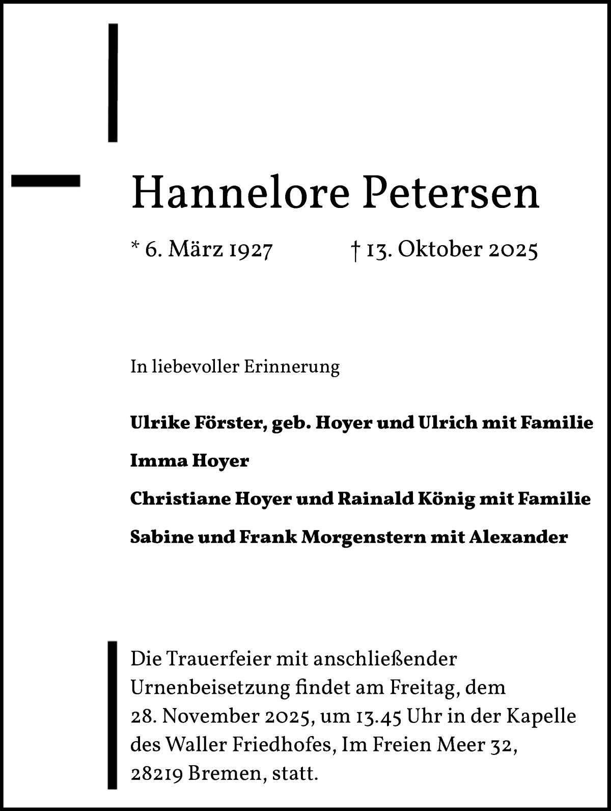  Traueranzeige für Hannelore Petersen vom 08.11.2025 aus WESER-KURIER