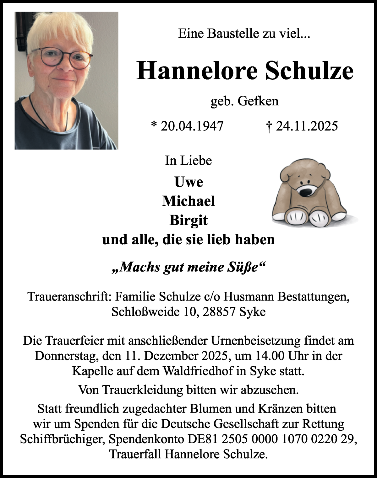  Traueranzeige für Hannelore Schulze vom 29.11.2025 aus WESER-KURIER