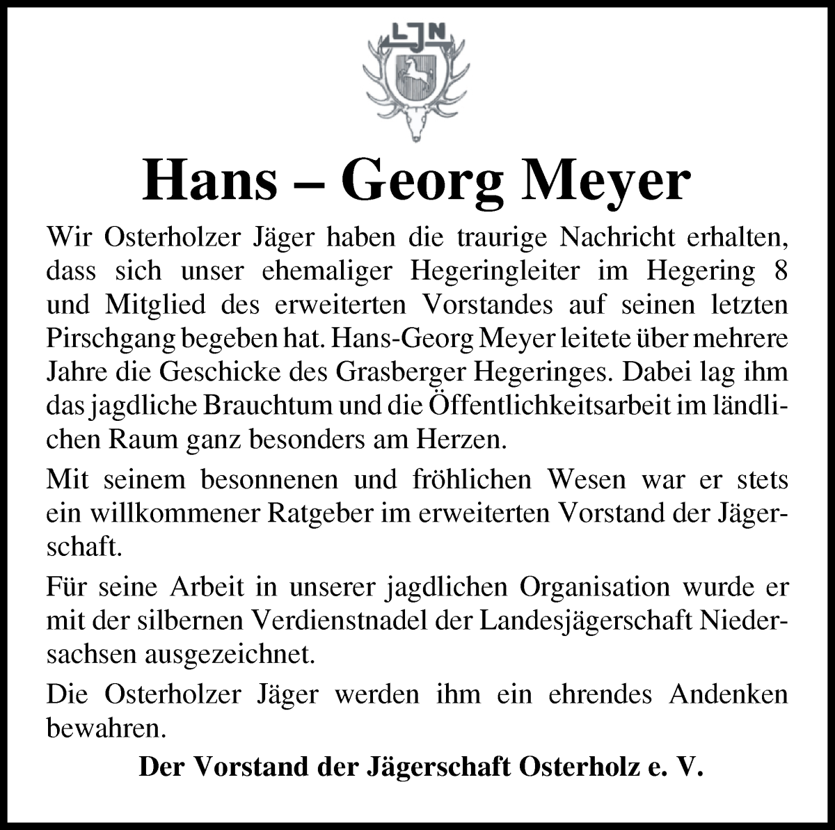 Traueranzeige von Hans-Georg Meyer von Wuemme Zeitung