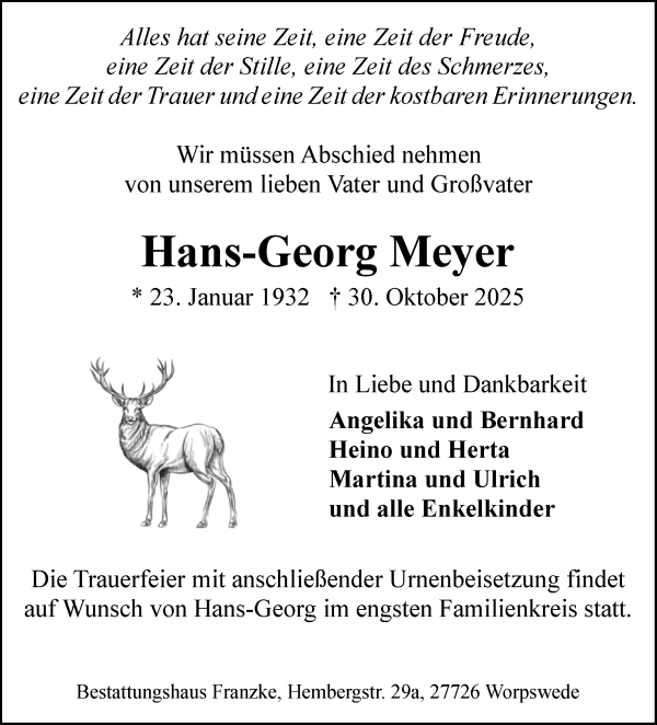Traueranzeige von Hans-Georg Meyer von Wuemme Zeitung